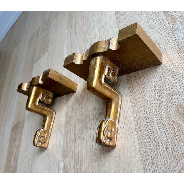 1930s 1930s Art Deco Carved Gilt Wood Wall Brackets / Shelves - A Pair For Sale - Image 5 of 12