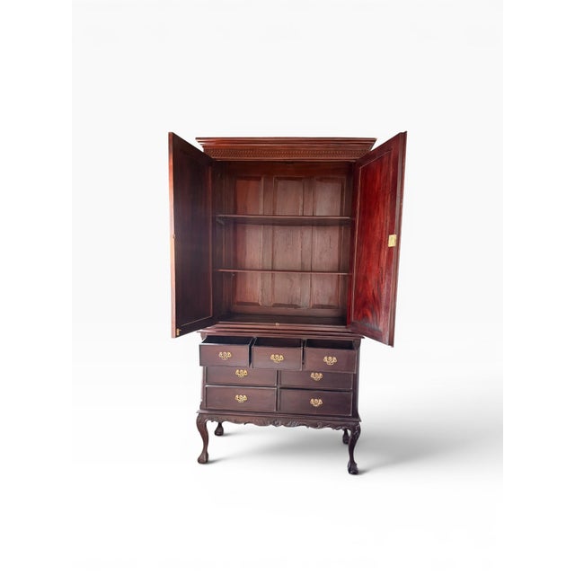 Late 20th Century Late 20th Century Georgian Style Mahogany Linen Press Armoire With Pierced Fretwork & Cabriole Legs (Two-Piece) For Sale - Image 5 of 13