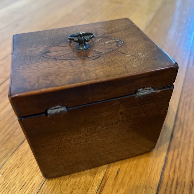Antique Wooden Inlaid Tea Caddy / Lock Box Small Lid, Lined For Sale - Image 9 of 11