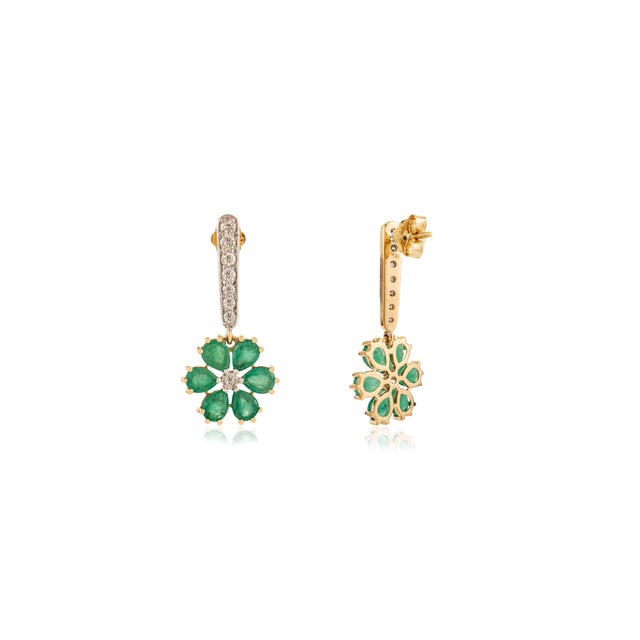 3.02Ct Floral Emerald & Diamond Dangle Earrings in 18k Gold Gift for Her- A Pair For Sale In New York - Image 6 of 12