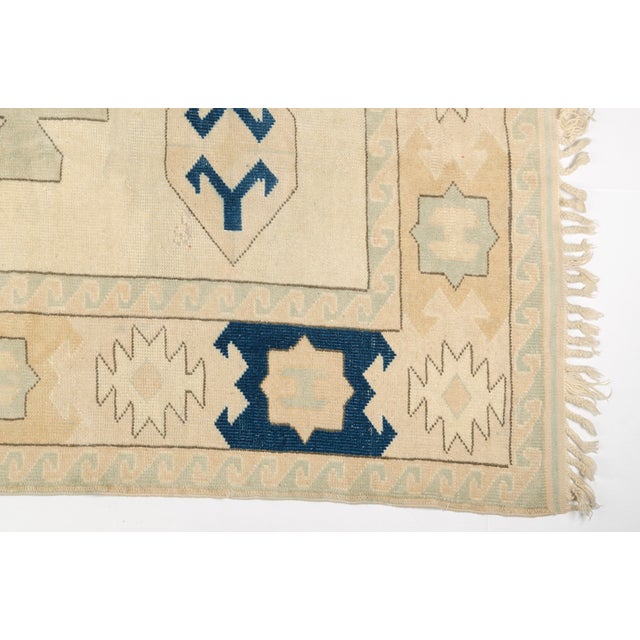 Vintage Turkish Area Rug, 9'0" X 6'6" Hand-Knotted Geometric Oushak Carpet, Cream and Blue Decorative Wool and Cotton Blend Rug For Sale - Image 9 of 10