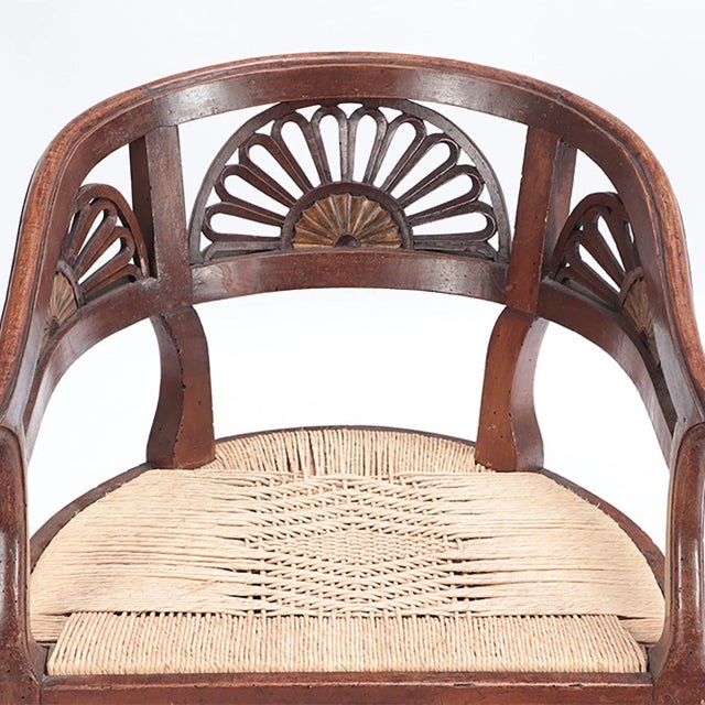 Italian Walnut Open Arm Chairs With Cord Seats and Cut Out Design. Circa 1800. A Pair For Sale - Image 4 of 11