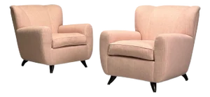 Osvaldo Borsani Attr, Pink Linen, Wood, Large Lounge Chairs, Italy, 1950s - Set of 2