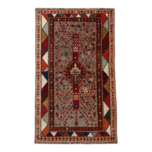 Antique Qashqai Rug | Geometric Medallions and Bold Tribal Border | 4x7 For Sale