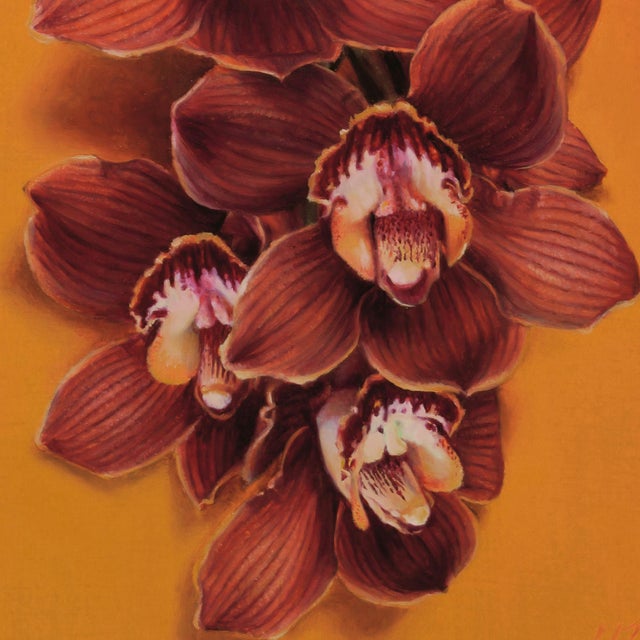 Amber Cymbidium Orchids by Narelle Zeller | Oil on Aluminum Composite Panel, Red Orchids on Orange Background For Sale - Image 8 of 8