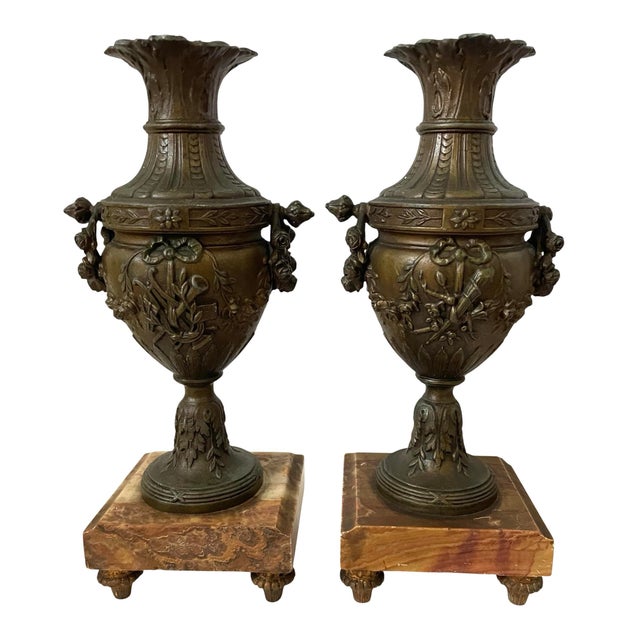 French Pair of Antique Late 19th Century French Bronze Urns Cassolettes Marble Bases For Sale - Image 3 of 12