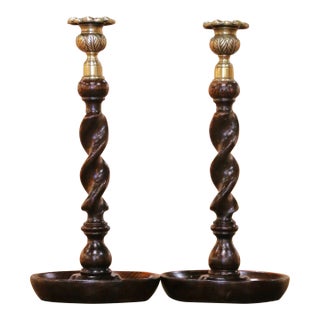 Pair of Early 20th Century English Oak and Brass Barley Twist Candlesticks For Sale