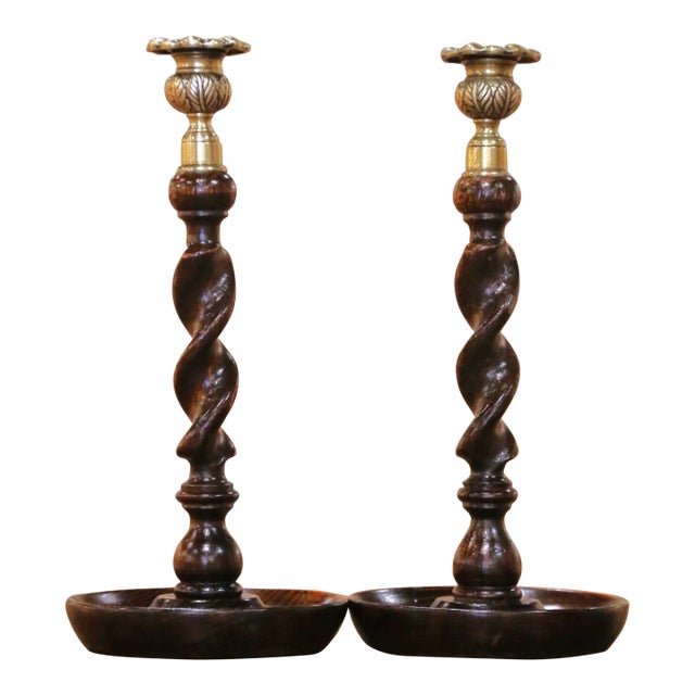 Pair of Early 20th Century English Oak and Brass Barley Twist Candlesticks For Sale