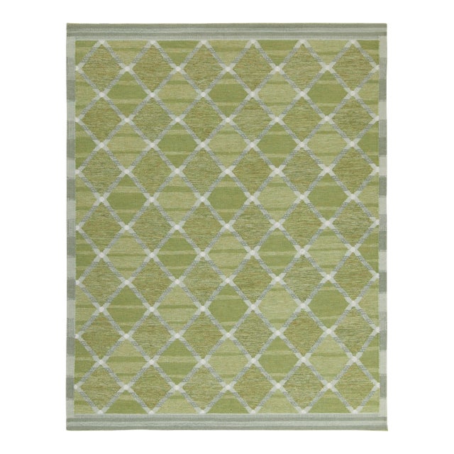 Rug & Kilim’s Scandinavian Style Custom Kilim in Green and Gray Lattice Pattern - 5x8 For Sale