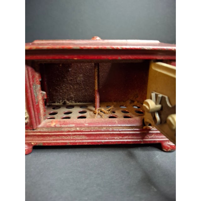 Metal Antique Kenton Toys Cast Iron Radio Bank 1920s Small 3-Dial Safe Red Paint For Sale - Image 7 of 15