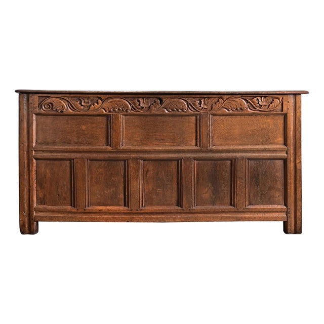 French 18th Century Solid Oak Carved Coffer For Sale
