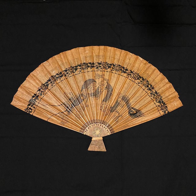 Large Pair Vintage Chinese Dragon Wall Fans 37"l X 23"h - Set of 2 Hand Painted Bamboo Fan | Oriental Decor For Sale - Image 4 of 17