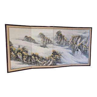 Asian Hand-Painted Four Panel Upholstered and Framed Table Screen / Divider For Sale