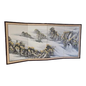 Asian Hand-Painted Four Panel Upholstered and Framed Table Screen / Divider