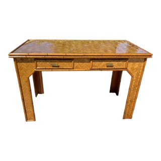 Vintage Woven Rattan Writing Desk or Console With Faux Bamboo Trim For Sale