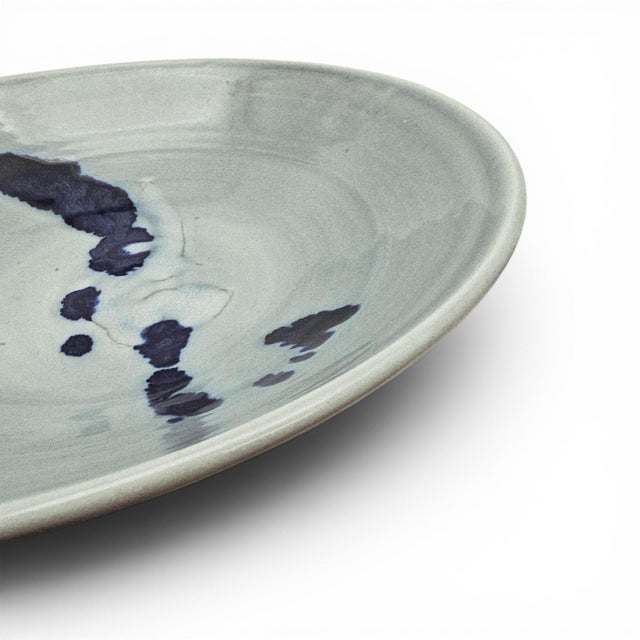 Late 20th Century Vintage Studio Pottery Serving Bowl Celadon Cobalt Abstract Signed 13 For Sale - Image 5 of 11