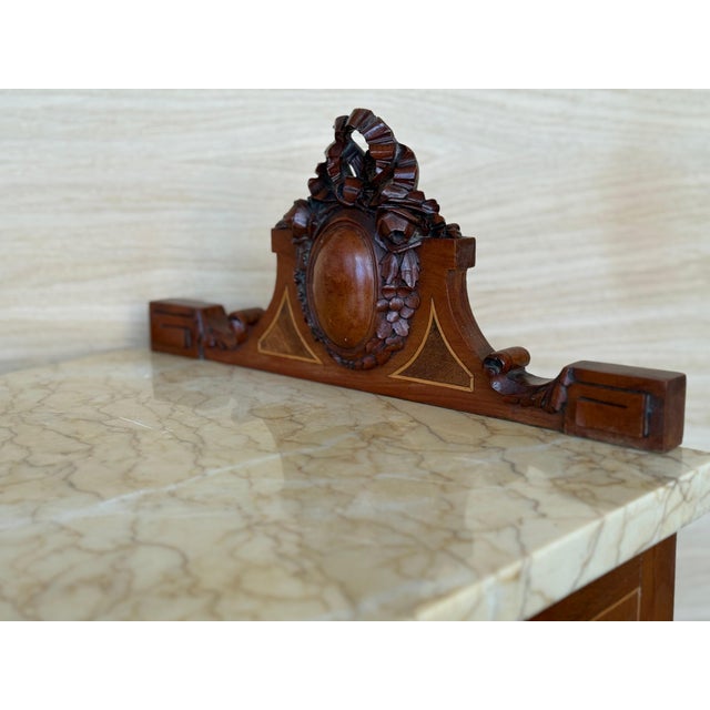 Late 19th century Art Nouveau pair of nightstands with marquetry inlays in walnut, bronze handles, restored and polished...