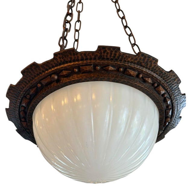 Antique Hammered Bronze Chandelier With Moonstone Cast Glass Dome For Sale In Los Angeles - Image 6 of 8