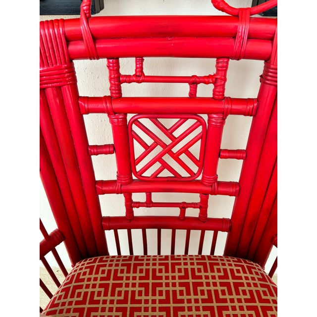 Wood Pair of Vintage Rattan Accent Chairs Attributed to Brighton Pavilion, Newly Upholstered in Coral Fabric with Chippendale Lattice Detail Detail For Sale - Image 7 of 7