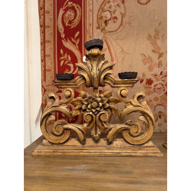 Baroque Pair of Antique Italian Baroque Style Giltwood 3-Light Candelabras For Sale - Image 3 of 5