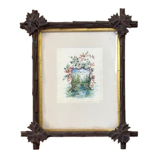 Antique Black Forest Wood Frame With Antique Water Color Painting For Sale