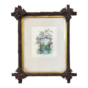 Antique Black Forest Wood Frame With Antique Water Color Painting