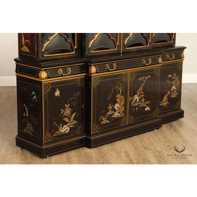 High Quality American Made Vintage Breakfront Bookcase with Convex Glass Doors Over Cupboard Doors, Hand Painted...