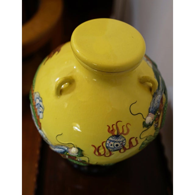 1990s 1990s Dragon in Flight through Clouds on Large Yellow Jar For Sale - Image 5 of 10