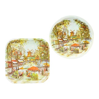 Large English Tole Trays of Paris Montmartre Street Scene & Moulin Rouge, Set of 2 For Sale