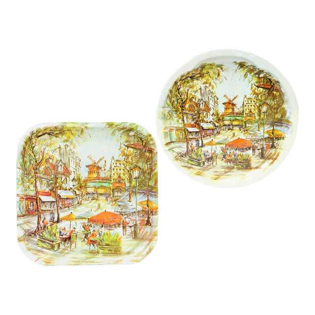 Large English Tole Trays of Paris Montmartre Street Scene & Moulin Rouge, Set of 2 For Sale