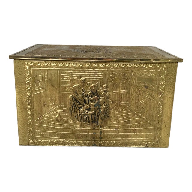 1920s English Repoussé Brass Coal Scuttle Box For Sale