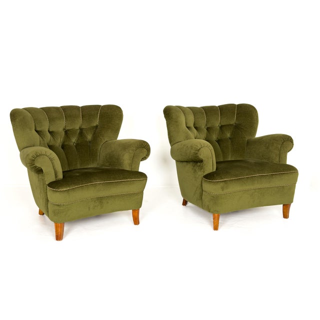 Olive Modern Lounge Chairs in Olive Mohair Velvet, Sweden, 1940, Set of 2 For Sale - Image 8 of 8