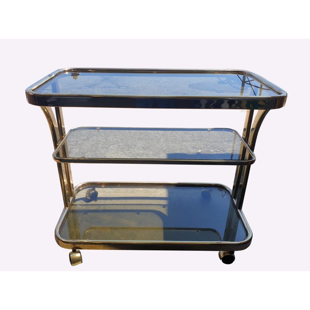Metal Vintage Italian Brass and Smoked Glass Bar Cart, 1970s, 1960s For Sale - Image 7 of 10