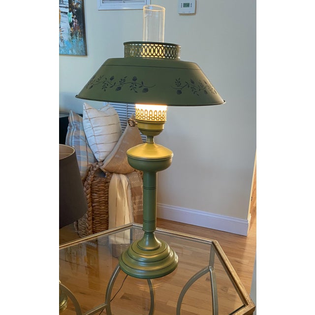 Avocado 1900s Avocado Tole Table Lamp With Glass Chimney For Sale - Image 8 of 8