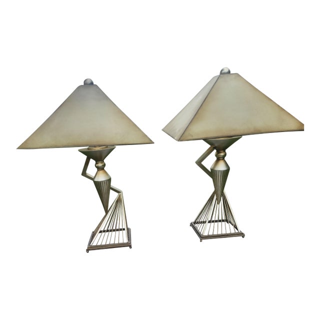 1950s Mid-Century Modern Atomic Brutalist Majestic Lamp Set ~ Original Fiberglass Shades For Sale