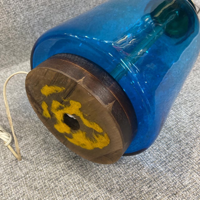 Glass Mid 20th Century Blenko Style Blue Blown Glass Lamp With Teardrop Glass Finial For Sale - Image 7 of 7