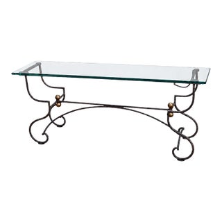 Mid-Century French Neo-Classical Style Wrought Iron Glass Top Console Table Credenza For Sale