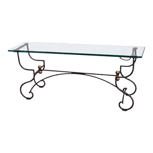 Mid-Century French Neo-Classical Style Wrought Iron Glass Top Console Table Credenza For Sale