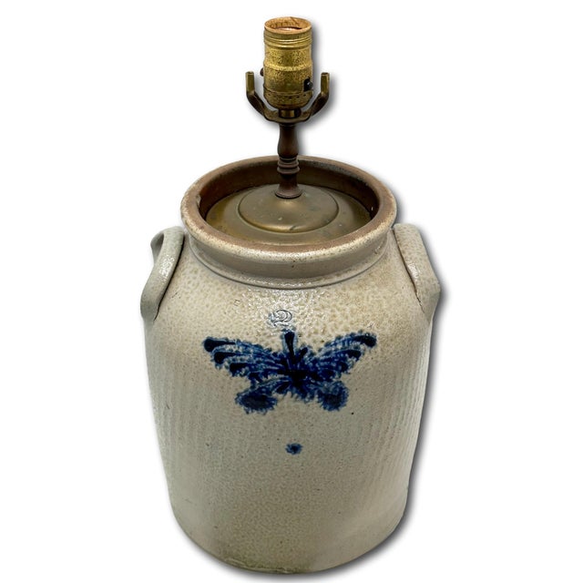 Metal Nice Antique 1870s American Blue Butterfly Decorated 2 Gallon Stoneware Storage Jar - Table Lamp Base Conversion For Sale - Image 7 of 18