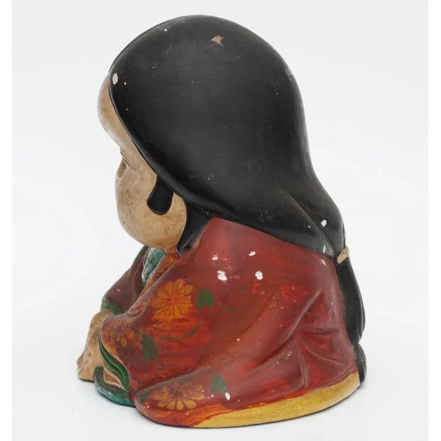 Meiji Era Otafuku Girl Figurine on Wood Stand For Sale - Image 10 of 13