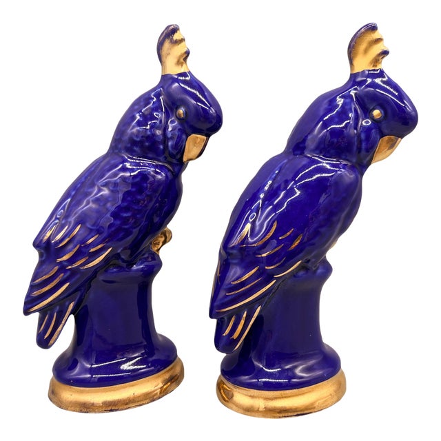 20th C. Royal Blue & 22k Gold Cockatoo Parrot Figurines – Tropical Revival / Luxe Decor For Sale