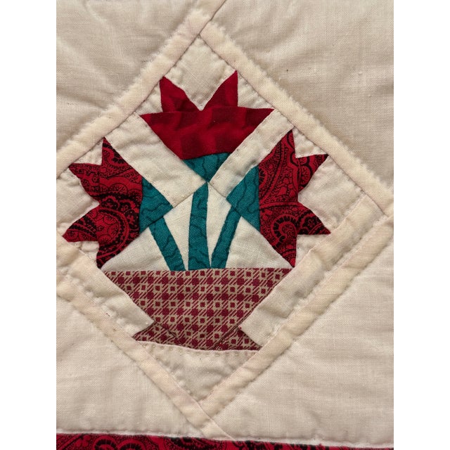 1970s Vintage Traditional Americana "Carolina Lilly" Quilt Textile Art, Red, Turquoise, Off-White For Sale - Image 5 of 10
