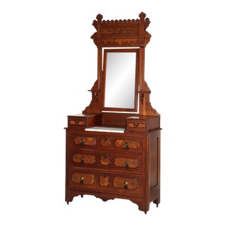 Antique Renaissance Revival Walnut & Burl Marble Top Dresser With Mirror C1890 For Sale