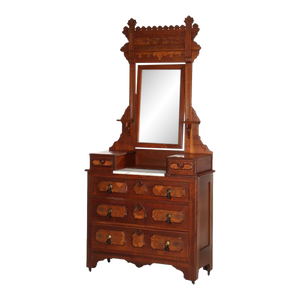 Antique Renaissance Revival Walnut & Burl Marble Top Dresser With Mirror C1890