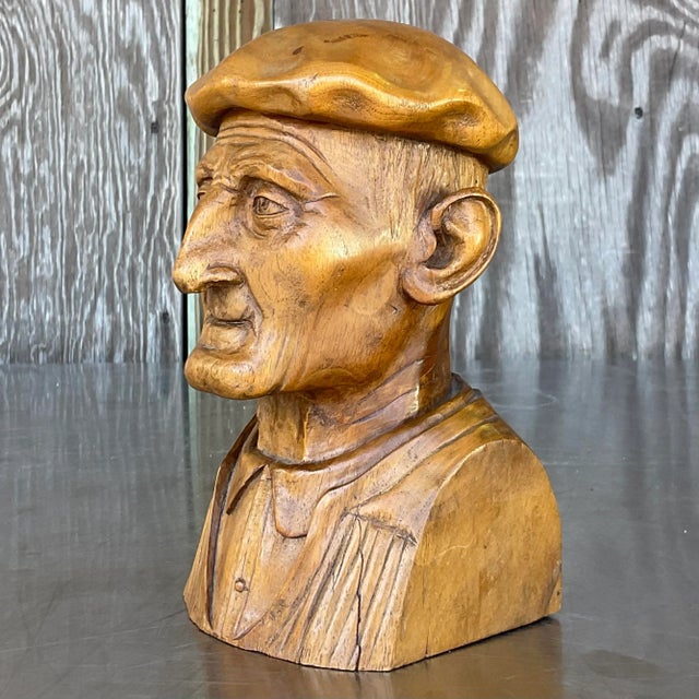 Wood Vintage Boho Hand Carved Bust of Man For Sale - Image 7 of 9