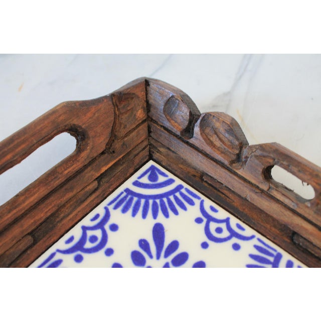 Blue Vintage Hand Carved Mexican Wood and Ceramic Tile Tray For Sale - Image 8 of 9