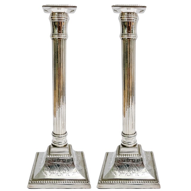 Mid 20th Century Silverplate Neoclassical Doric Column Candlesticks - a Pair For Sale - Image 10 of 12