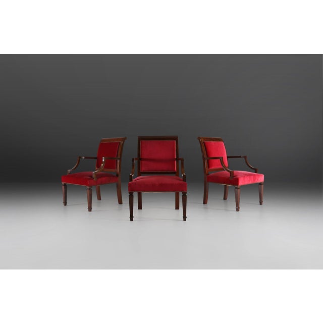 Mid-Century Modern Vintage Belgian Empire‑Style Armchairs in Wood and Red Velvet, 1950 For Sale - Image 3 of 10