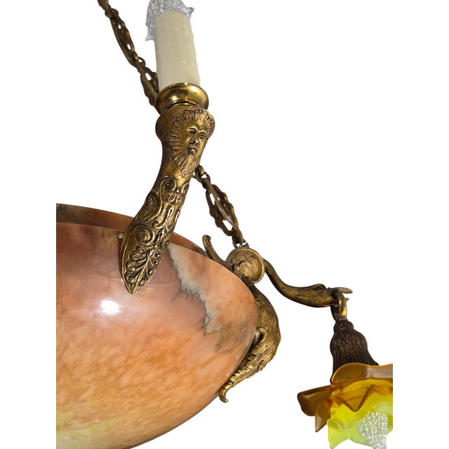 Antique Neoclassical Amber /Honey Alabaster, Gilt Bronze Chandelier W-Griffin Mounts For Sale - Image 13 of 18