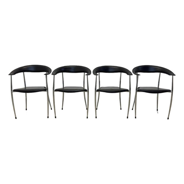 Modern Black Leather and Chome Dining Chairs for Arper, Italy - Set of Four For Sale